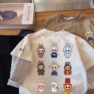 纯棉儿童卡通拉布布男童假两件长袖t恤春秋款中小童百搭上衣打底t