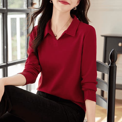 2025春季新品POLO领纯棉长袖T恤女宽松显瘦休闲打底衫大码上衣