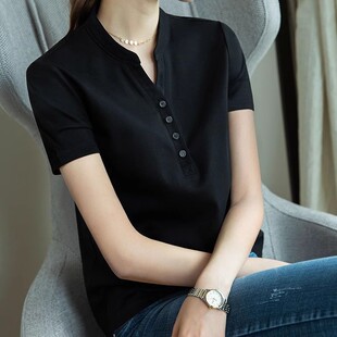 职场短袖t恤女2025夏装新款V领黑色打底衫宽松立领半袖百搭棉上衣