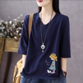 新款 休闲中袖 纯棉五分袖 2025夏季 女t恤V领大码 女装 显瘦夏装 上衣
