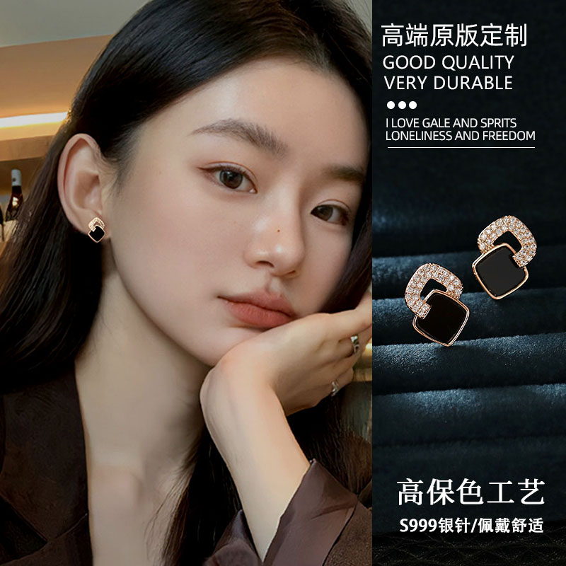 黑色菱形耳钉纯银针轻奢精致耳饰