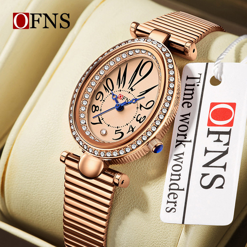 欧范尼时新品女款手表女士防水镶钻仙奴带石英表简约复古数字腕表