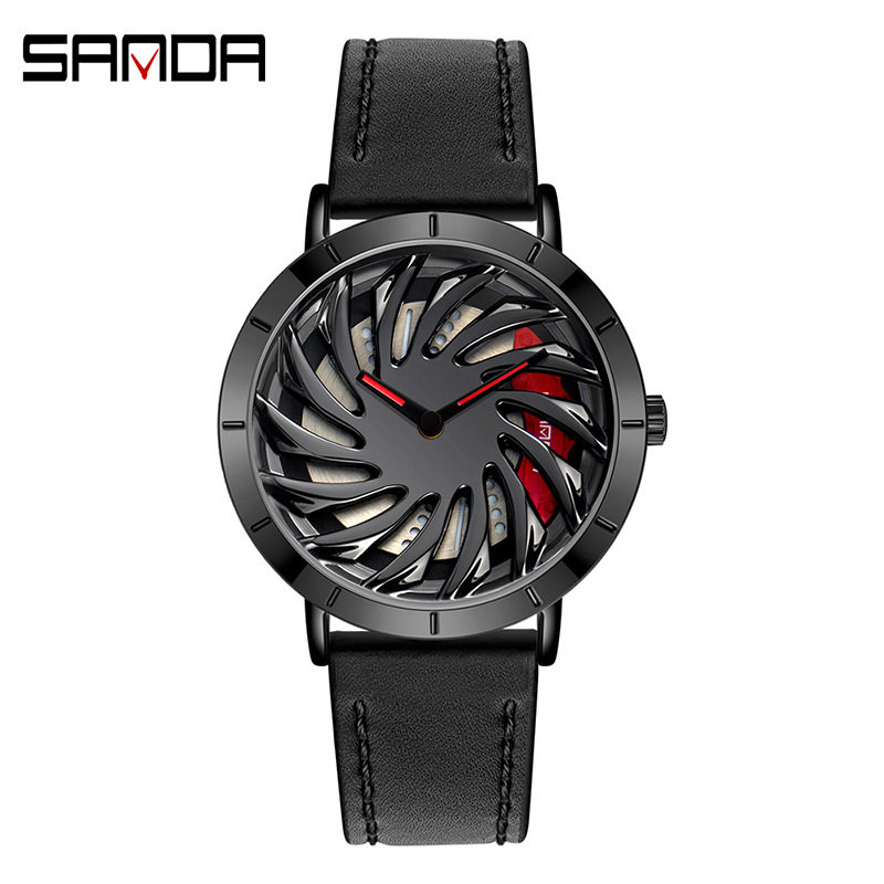 三达潮流石英表男款青少年创意个性镂空皮带腕表男士车轮学生手表