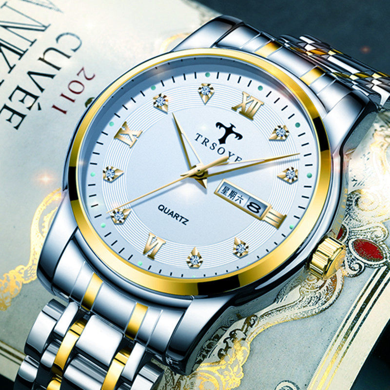 2025新款男士手表商务男表钢带防水高级感石英表男款腕表双日历潮