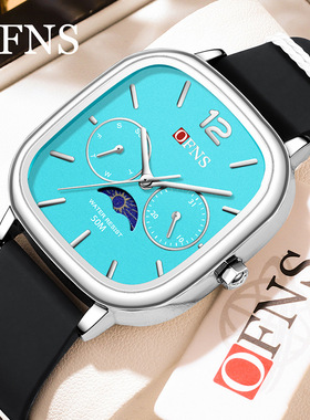 OFNS男表石英表简约方形防水休闲学生腕表五针月相硅胶带手表男士