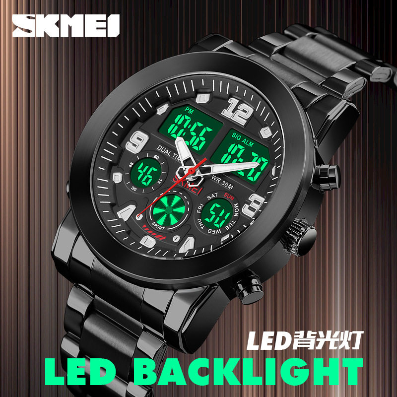 时刻美大气夜光男士手表双显秒表倒计时多功能钢带学生电子表男表