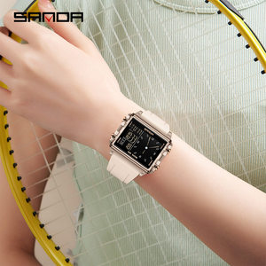 三达手表透明壳方形多功能电子表学生闹钟双时间防水运动腕表男士