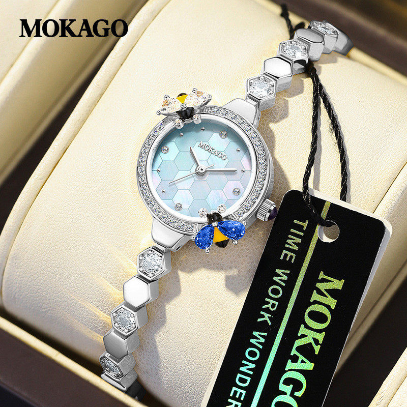 MOKAGO高档女士手表蜂巢防水手链表小巧蜜蜂精美女款镶钻石英腕表