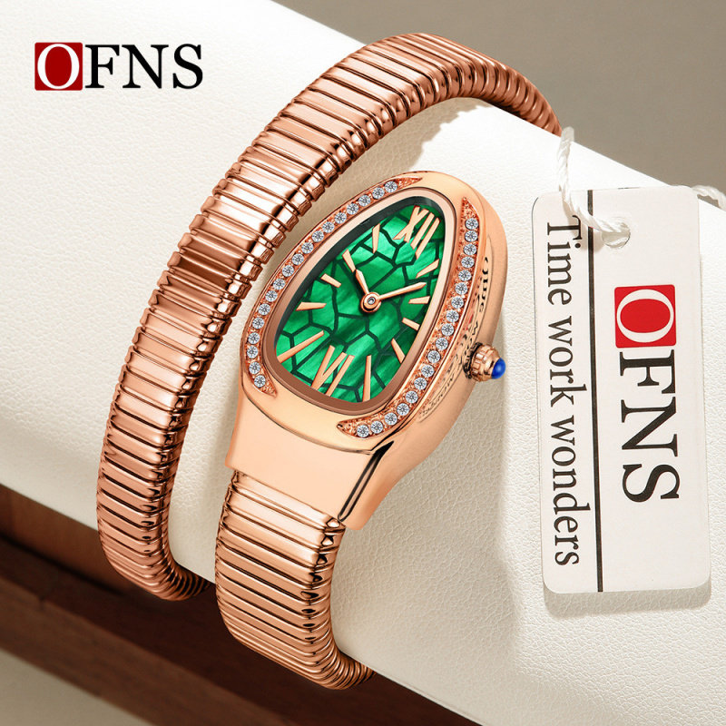 欧范尼新品手镯表蛇头手表女士高级感两针防水腕表蛇形镶钻女表潮