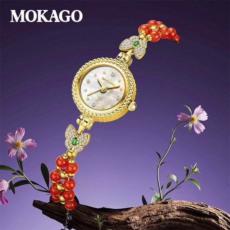 陌佧高新款中古风手表铜带手链表女款简约镶钻圈贝母女士腕表蝴蝶