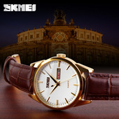 时刻美时尚 男士 石英手表男女士防水情侣腕表学生皮带男女表双日历