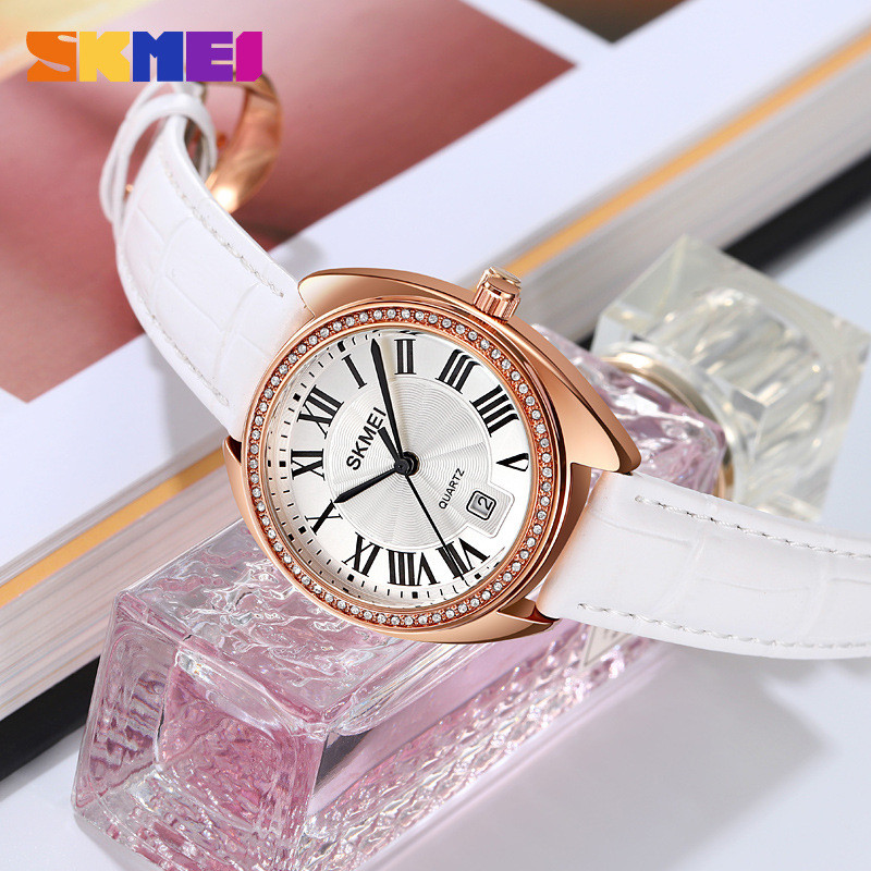 时刻美女士镶钻单日历腕表复古百搭潮流手表户外休闲防水石英表