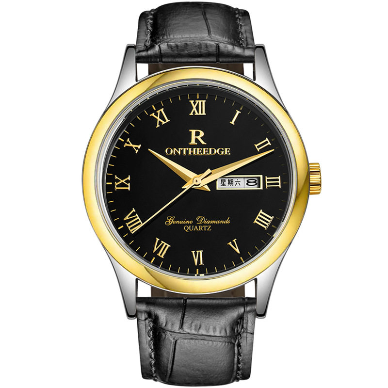 双日历男款防水罗马刻度商务真皮表带石英男士腕表学生男表手表潮