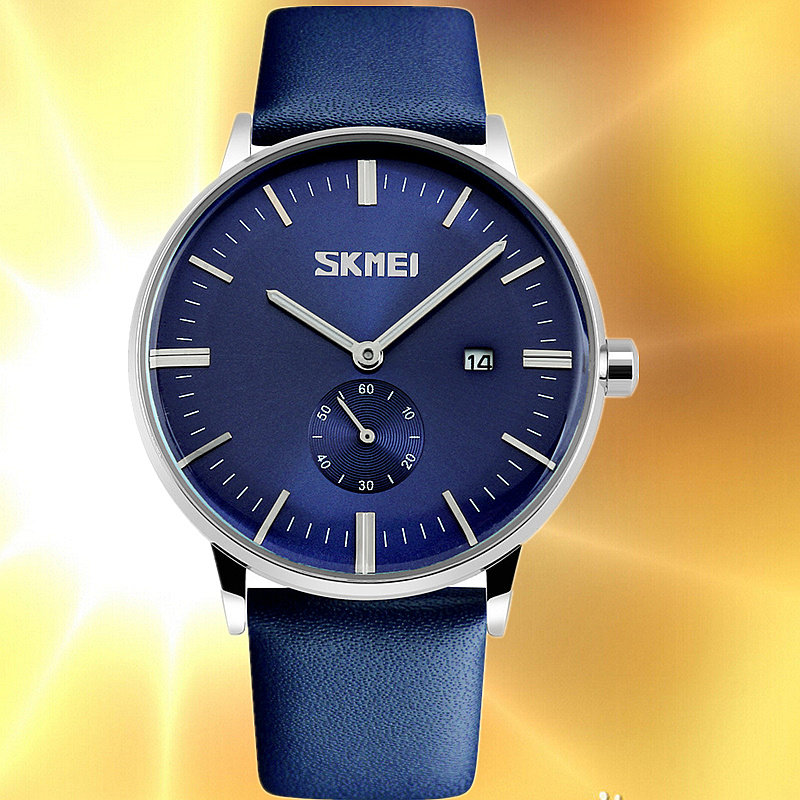 时刻美手表男士学生时尚潮流夜光真皮带男表防水个性简约石英手表