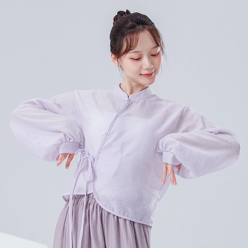 新中式古典舞蹈服女新款宽松长袖旗袍小立领侧系带飘逸练功服上衣
