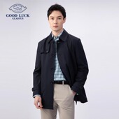 德鲨新款 防风外套 休闲翻领上衣男装 蓝色中长款 风衣男时尚