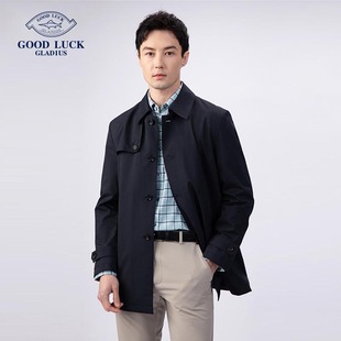 休闲翻领上衣男装 风衣男时尚 防风外套 蓝色中长款 德鲨新款