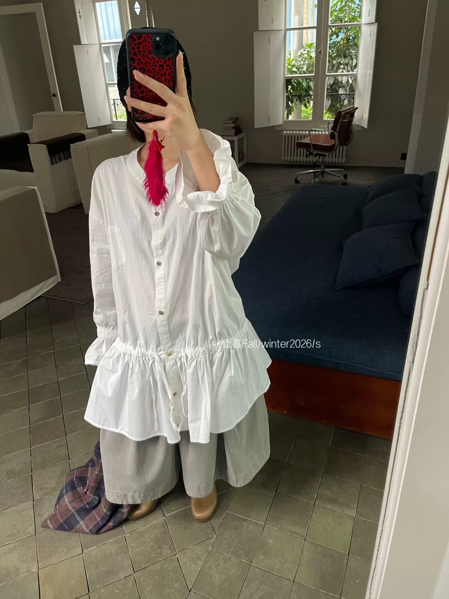 上喜甜美秋冬系带休闲立领单排扣长袖中长款衬衫女设计感连衣裙