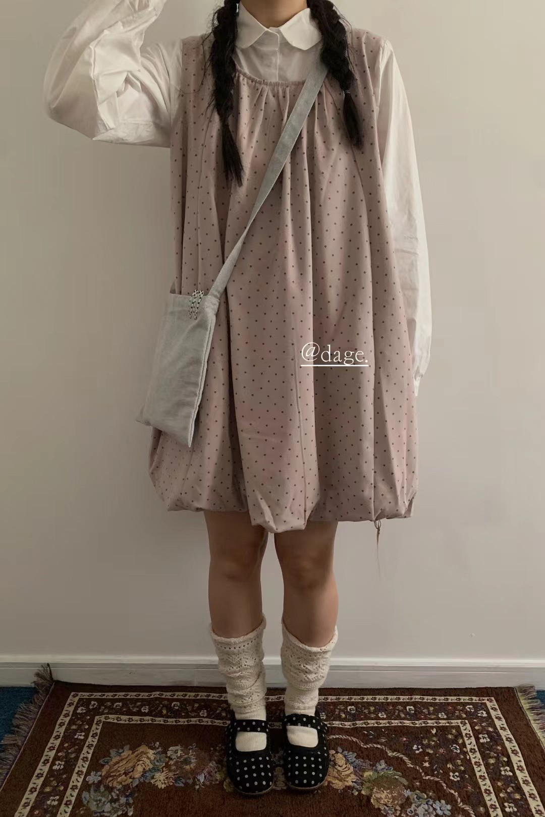 dage秋冬款新款波点圆领背心短裙女甜美温柔风宽松韩系连衣裙