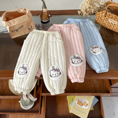 2025秋冬贴布猫咪条格纹加绒可爱保暖裤 儿童休闲裤 子女童加绒童裤