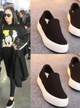 春秋帆布鞋女鞋一脚蹬懒人鞋学生休闲布鞋白色条纹厚底低帮女单鞋