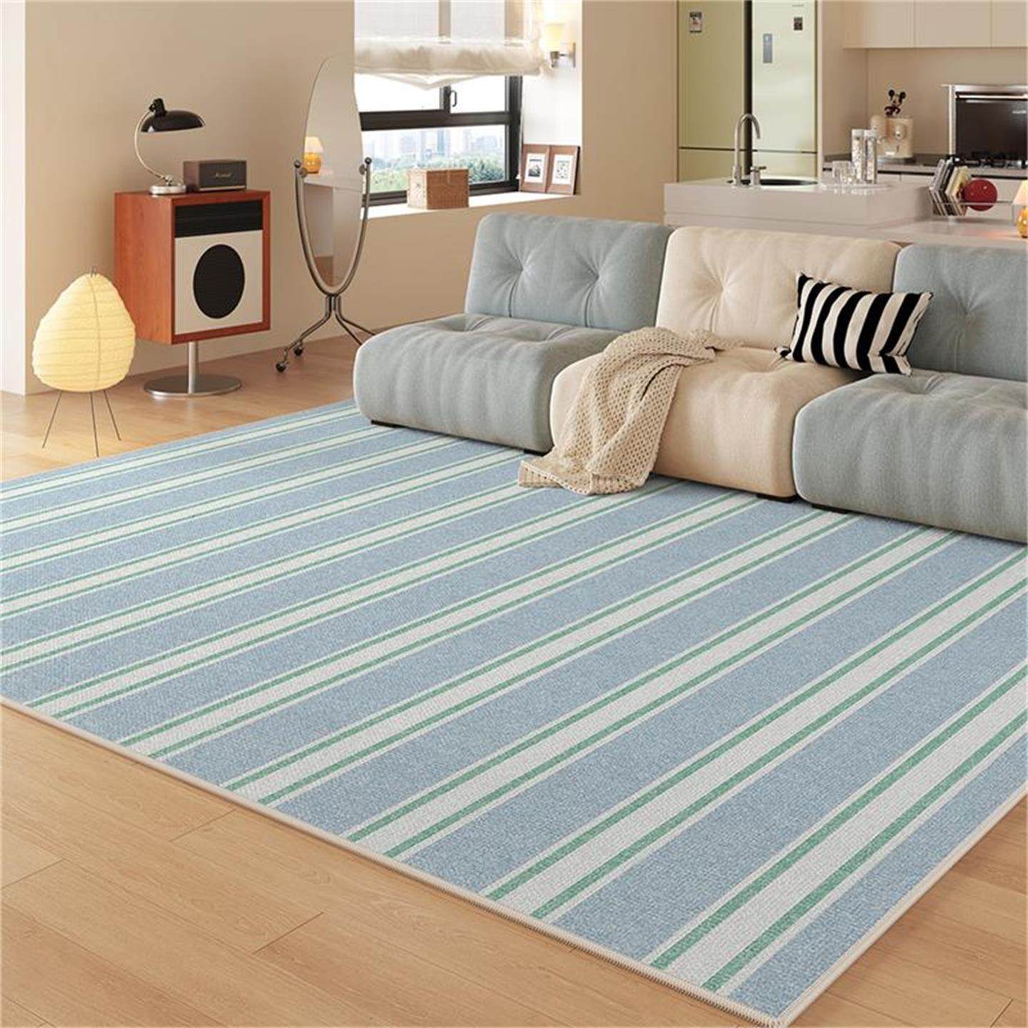 蓝色条纹客厅地毯奶油风防水沙发卧室床边地垫ins加厚可定制地毯,居家布艺,地毯,淘宝优惠券,粉丝福利购,淘宝优惠卷