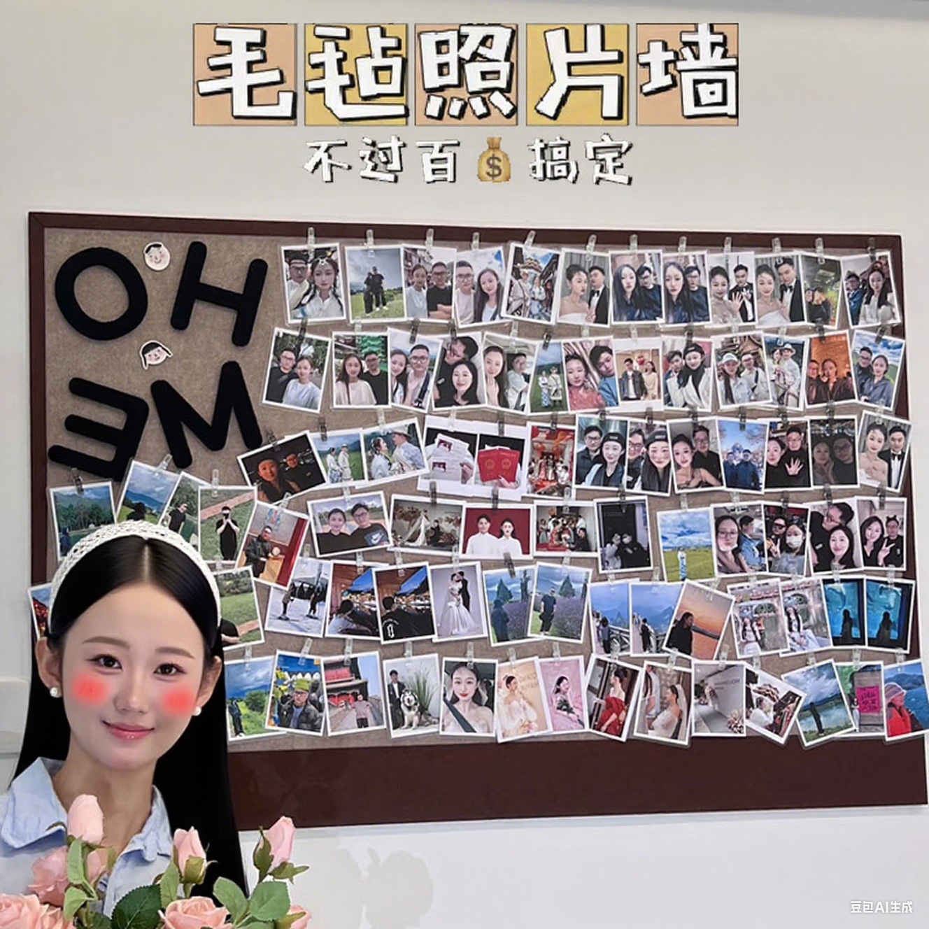 毛毡板创意照片墙相片展示墙背景板墙贴家庭拍立得照片墙高级感客厅免打孔相册墙diy装饰墙上展示软木板自粘