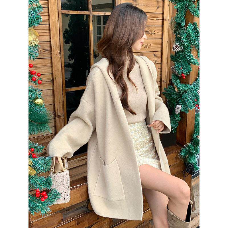 秋冬女上衣高级感中长款连帽毛衣开衫外套气质百搭宽松无扣慵懒风