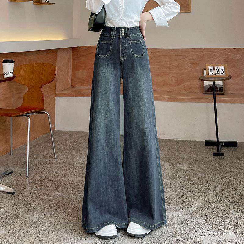 高腰直筒微喇牛仔裤女加绒春秋冬季2026新款宽松显瘦阔腿拖地裤子