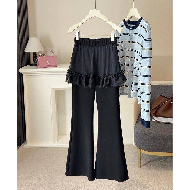 西装裤百搭高腰弹力屁帘网纱春季拼接显瘦休闲裤假两件女新款微喇