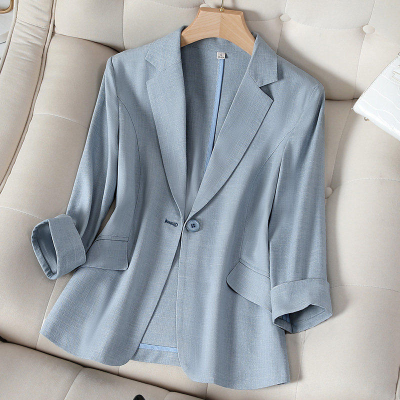 蓝色小西装外套女夏季薄款新款春秋小个子七分袖休闲 短款西服上