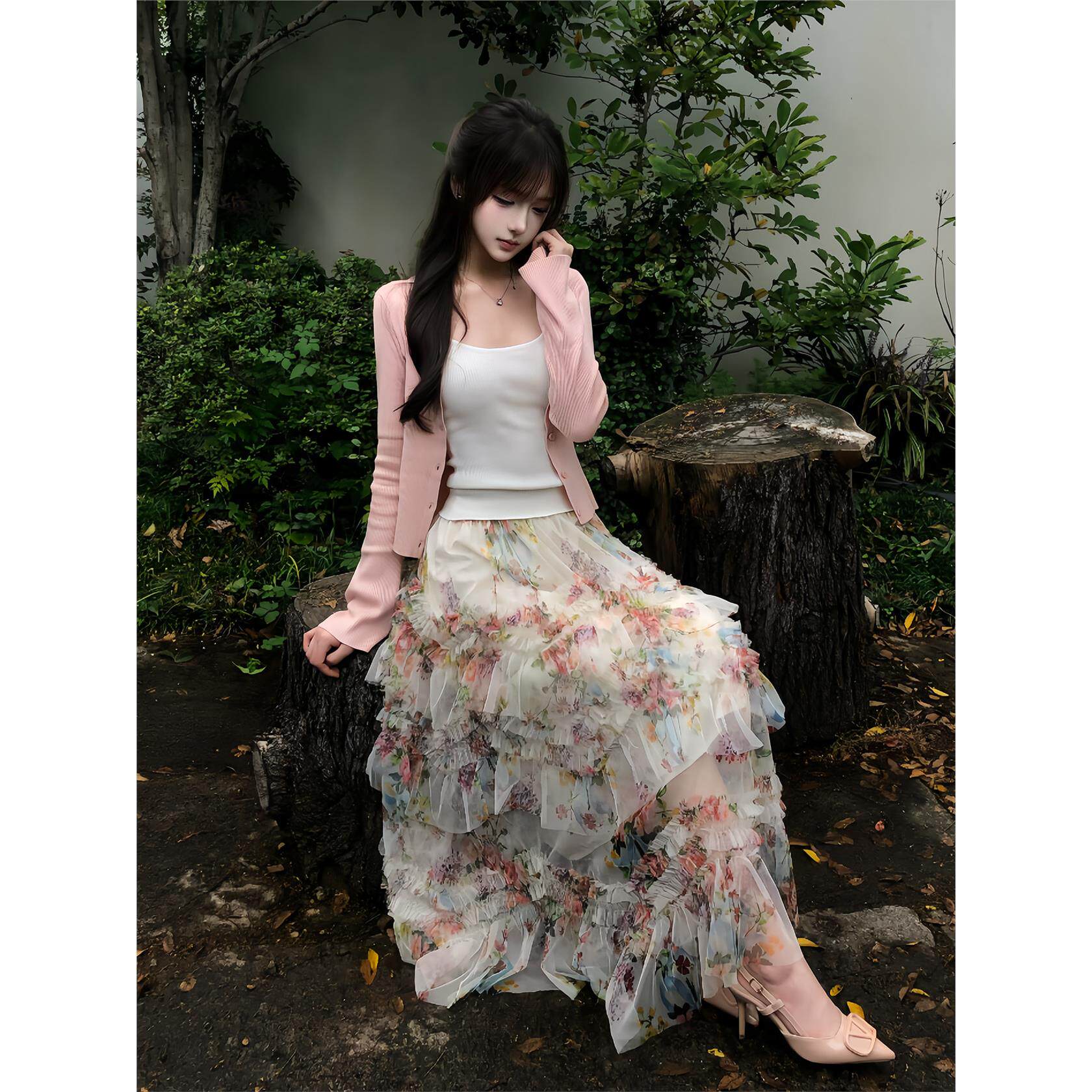 MILYROOM 粉色针织开衫外套女秋季长袖毛衣吊带蛋糕碎花裙套装