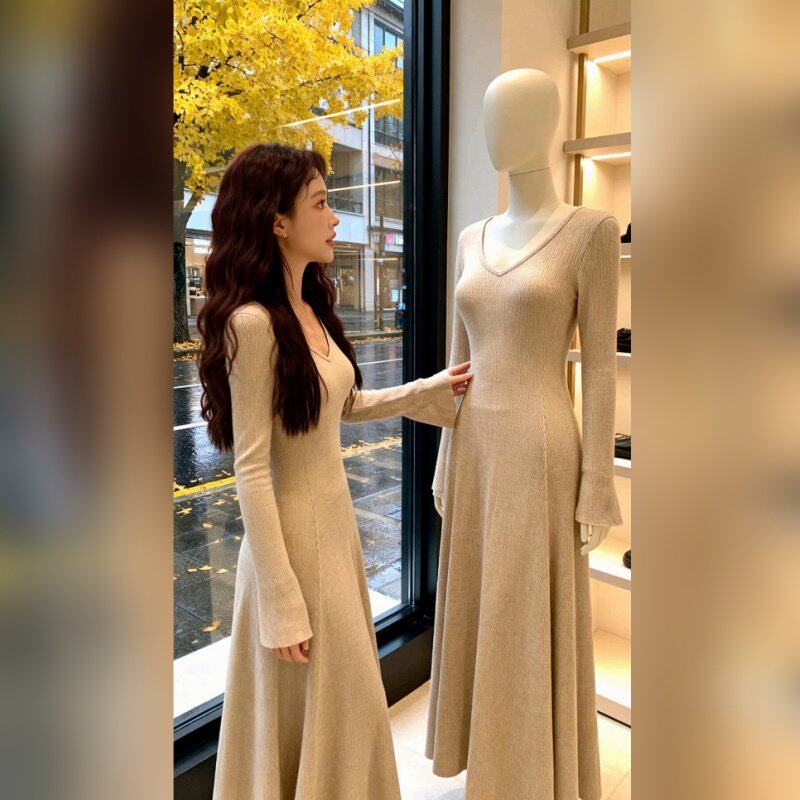 卡其色修身针织洋装女大衣内搭披肩裙子一整套内搭长裙早春季韩