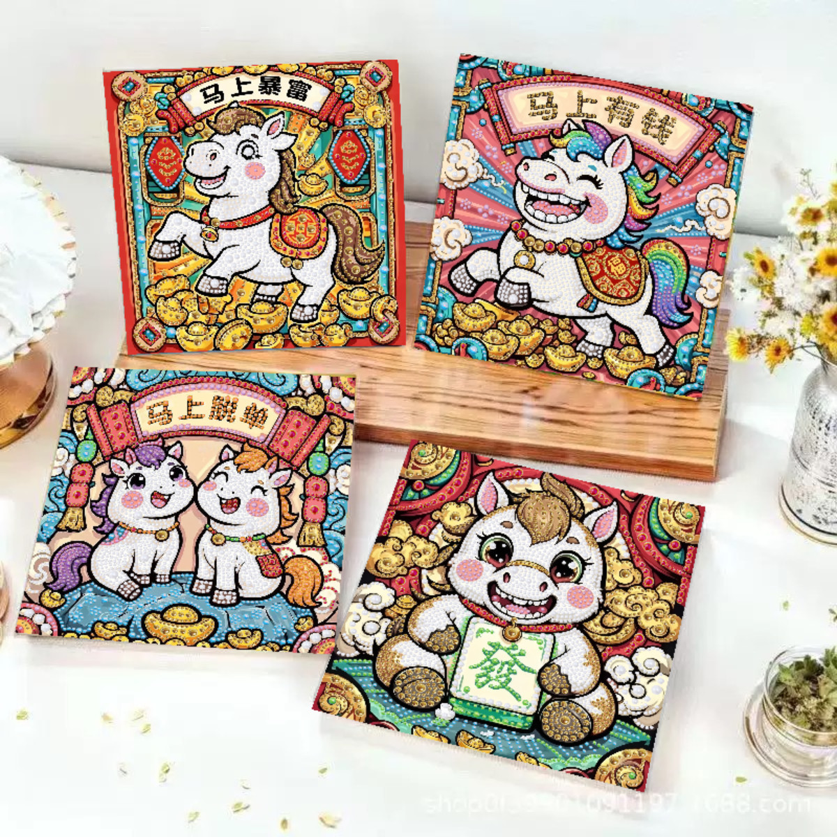 新款DIY手工珍珠画摆台马年钻石贴画女孩贴钻画儿童礼物25×25
