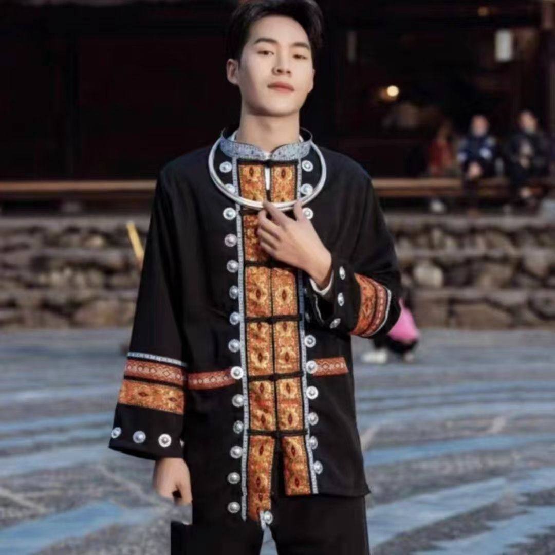 黔兰侗族男士服装情侣旅拍少数民族舞演出服装黑色两件套苗族男装