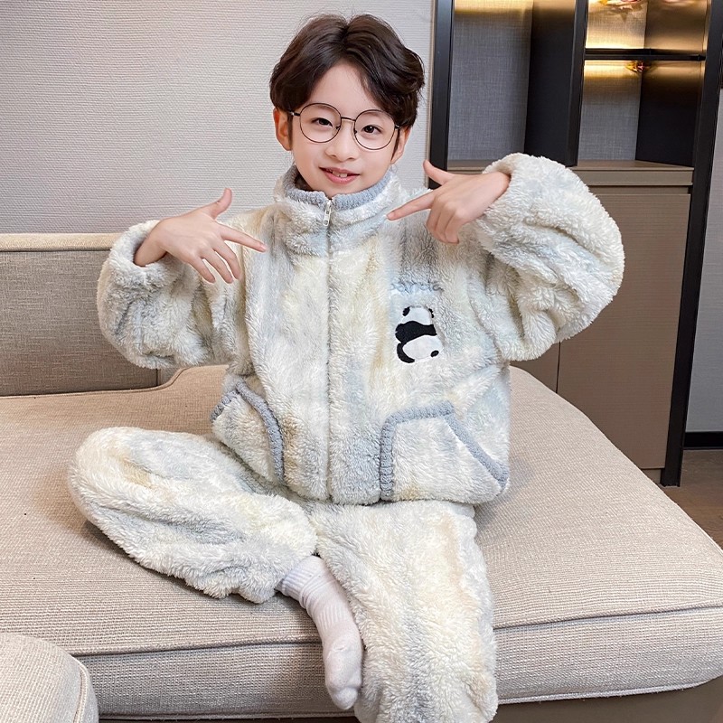 英国DHWA男童秋冬睡衣2025新款珊瑚绒加厚法兰绒保暖帅气家居服
