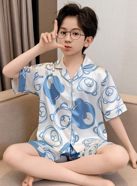 法国Anseola青少年大童夏天短袖开衫儿童睡衣新款夏季男孩冰丝凉