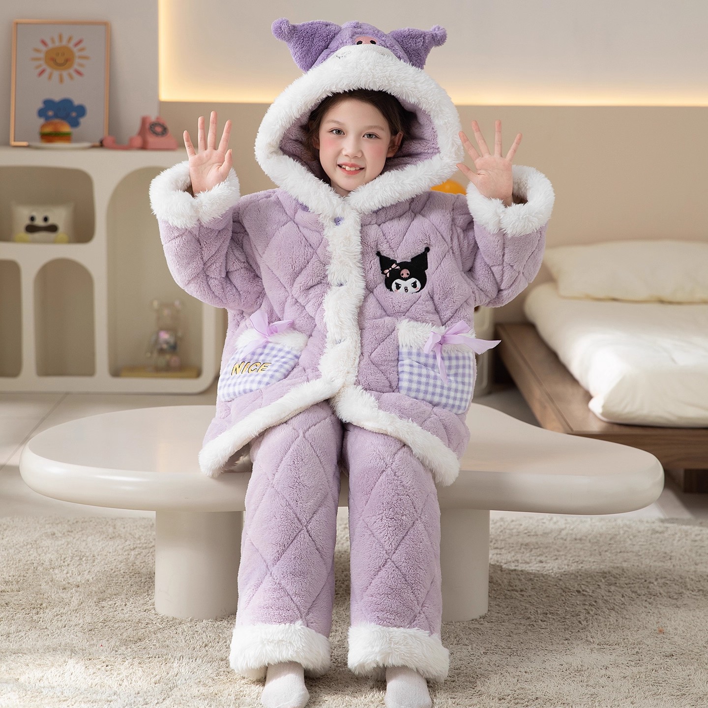 法国Uamtor儿童冬季珊瑚绒睡衣三层夹棉加绒加厚家居服2025新款