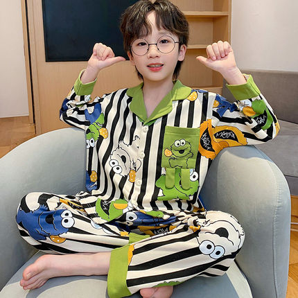 法国儿童睡衣男童纯棉长袖春秋季小男孩芝麻街全棉薄款家居服套装