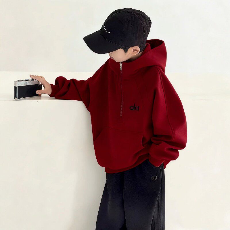 法国BADNUT男童红色卫衣冬装儿童加绒加厚马年本命年2026新款大童