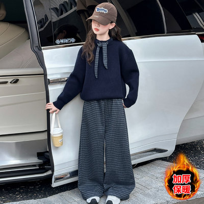 法国BADNUT女童冬毛衣套装2026新款儿童韩系穿搭加绒格子裤两件套