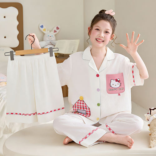 法国Anseola2026新款女童睡衣夏季云朵棉薄短袖三件套好看女孩大