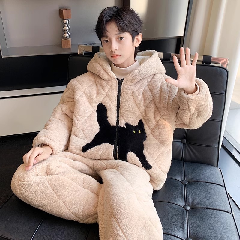 法国Uamtor男童睡衣冬季超厚2025新款中大童家居服初中生三层夹棉