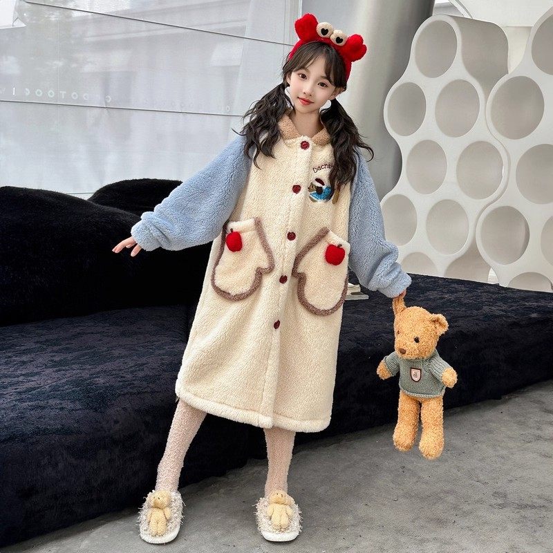 法国Uamtor女童睡衣冬季2025新款中大童加厚睡袍珊瑚绒家居服睡裙