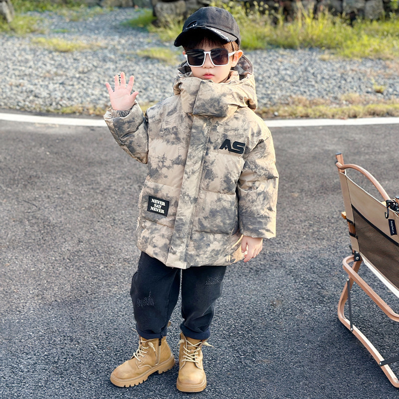 法国Anseola儿童迷彩羽绒服男童白鸭绒外套冬季新款加厚面包服