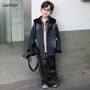 法国Uamtor中大童牛仔外套男童秋冬加绒衣服2025新款小男孩上衣潮
