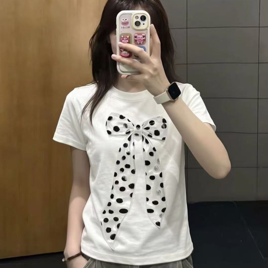 美式甜酷妹波点蝴蝶结字母印花白色短袖t恤女夏季设计感显瘦上衣