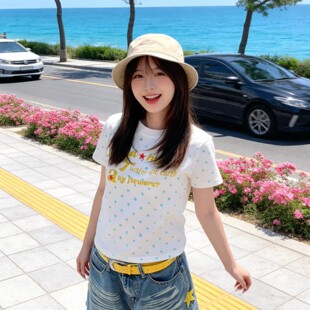 美式高街波点字母印花短袖t恤女夏季2026新款修身正肩辣妹小上衣