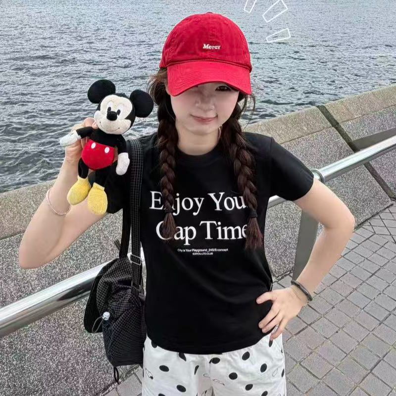 韩系小众休闲字母印花正肩短袖T恤女夏季修身显瘦慵懒感减龄上衣