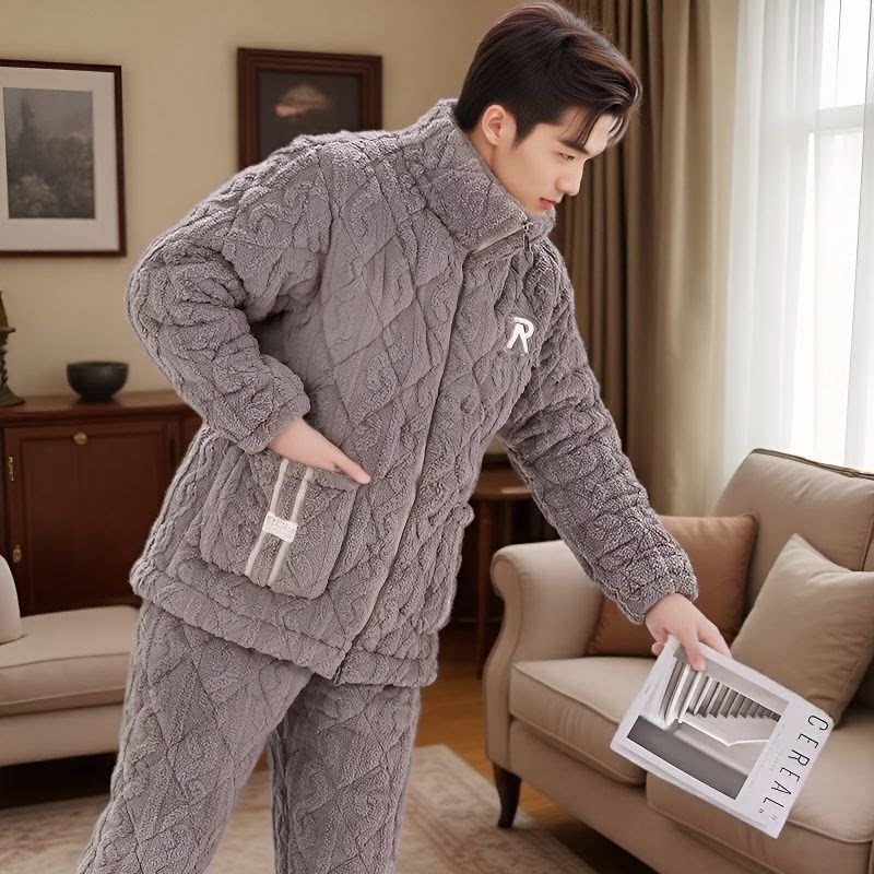 男士三层夹棉青年珊瑚绒保暖睡衣